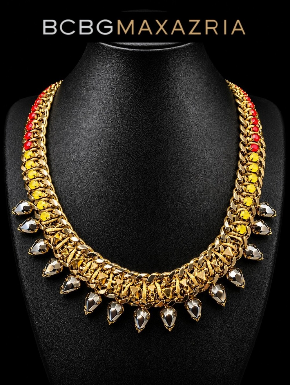 BCBGMAXAZRIA Runway Statement Necklace Neon Crystal Gunmetal Spike Bib Like New